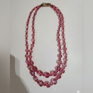 Vintage 1955-1965 Pink Aurora Borealis Double Strand Faceted Glass Bead Necklace